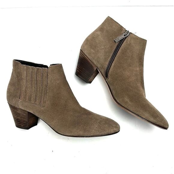 Aquatalia Shoes - AQUATALIA Taupe Fallyn Suede Ankle Booties Block Heels Round Toe Side Zip US 9